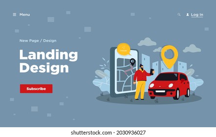 Happy man ordering taxi. Group of people sharing or renting car flat vector illustration. Carsharing, transportation, online car sharing service concept for banner, website design or landing web page