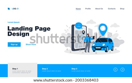 Happy man ordering taxi. Group of people sharing or renting car flat vector illustration. Carsharing, transportation, online car sharing service concept for banner, website design or landing web page