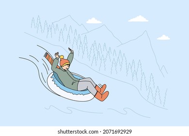 Happy Man In Outerwear Have Fun Ride Down Hill On Inflatable Snow Tube On Winter Holidays. Smiling Guy Relax On Mountain Ski Resort On Vacation. Tourism And Travel Concept. Vector Illustration. 