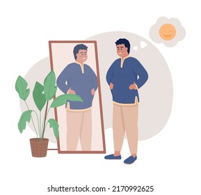 Happy man with overweight near mirror 2D vector isolated illustration. Positive plump flat character on cartoon background. Self acceptance colourful editable scene for mobile, website, presentation