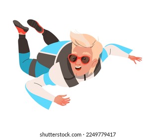 Happy Man Parachutist Skydiving and Free-falling in the Air Descenting on the Earth Vector Illustration