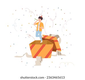 Happy man with party horn jumping out of gift box, flat vector illustration isolated on white background. Concepts of birthday celebration and surprise party.