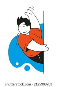 Happy man peek out around corner waving hand greeting good bye vector flat illustration. Office male assistant ready help consultation advice service notification alert. Personal manager surveillance