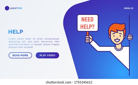 Happy man peeks out and holds the sign that asks 'Need Help?'. Support service, volunteering, charity concept. Web page template. Thin line vector illustration.