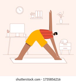 Happy man performs online yoga exercise at home office with a cat. Adult afro male cartoon character. Flat colorful vector illustration. Healthy lifestyle concept for posters and banners.