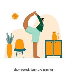 Happy man performs online yoga exercise at home office with a cat. Adult afro male cartoon character. Flat colorful vector illustration. Healthy lifestyle concept for posters and banners.