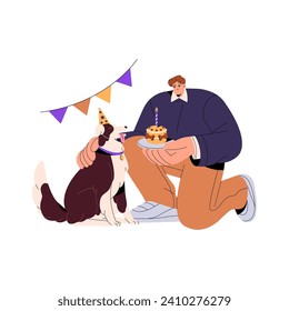 Happy man and pet celebrate doggy birthday. Dog in party hat maks wishes. Owner congratulates furry friend by holiday cake with festive candle. Flat isolated vector illustration on white background