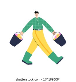Happy man picks apples and carries them in a bucket during the harvest. Flat vector illustration on white background. Adult male cartoon action character. Gardening concept for poster, banner