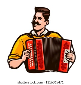 Happy man playing the accordion. Music festival concept. Cartoon vector illustration