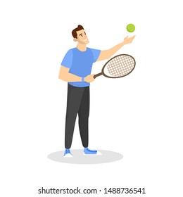 Happy man playing badminton. Player on court holding tennis racket and ball. Sport competition. Isolated vector illustration in cartoon style