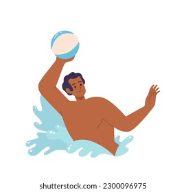 Happy man playing ball while swimming in water vector illustration, sports activity and recreation