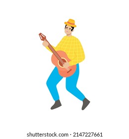 happy man playing guitar on white background