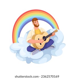 Happy man playing guitar under rainbow on cloud vector illustration. Cartoon isolated cute talent male guitarist character sitting on sky cloud with acoustic musical instrument to play romantic music