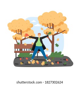 Happy man plays with autumn leaves. Fall season concept vector illustration. Autumn tree in a park.