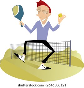 Homem feliz joga pickleball. 
Homem sorridente segura raquete de pickleball e bola
