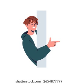 Happy man pointing with finger, peeking, looking, hiding behind wall. Smiling curious male character peeping with curiosity, joy for advertising. Flat vector illustration isolated on white background