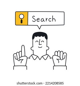 Happy man pointing to search bar. Outline, linear, thin line, doodle art. Simple style with editable stroke.