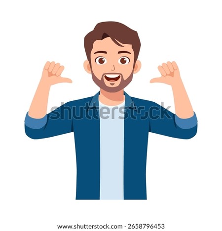 Happy man pointing thumbs at himself, advertising or self-promotion concept