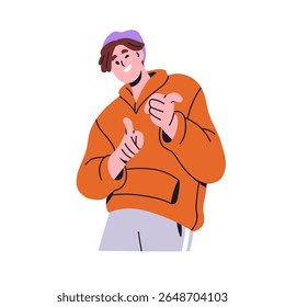 Homem feliz apontando para você e sorrindo. Jovem cara olhando com expressão alegre, emoção positiva, escolhendo, mostrando, cutucando com gesto de mão. Ilustração de vetor plano isolada no plano de fundo branco