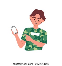Happy man points finger at mobile phone screen. Promotion of new easy-to-use applications, clearance sale and discount information, update news.