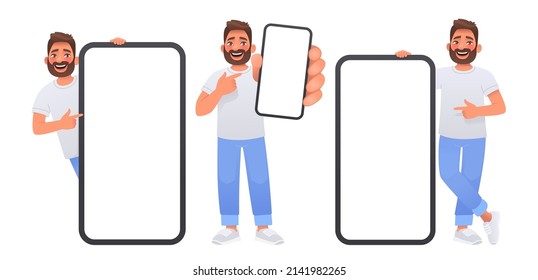 Happy man points to the screen of a huge smartphone. Advertising of a mobile app or services, promotion of an application or website. Vector illustration in cartoon style