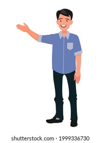 Happy man points to something. Character for advertisement. Guy shows a direction with a hand. Vector illustration in cartoon style