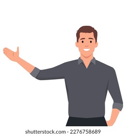 Happy man points to something. Character for advertisement. Guy shows a direction with a hand. Flat vector illustration isolated on white background