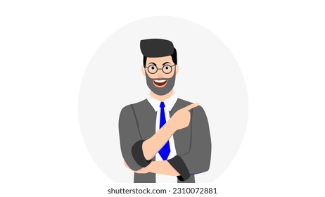 Happy man points to something. Character for advertisement. A businessman with joyful emotions points at something. Vector illustration in cartoon style