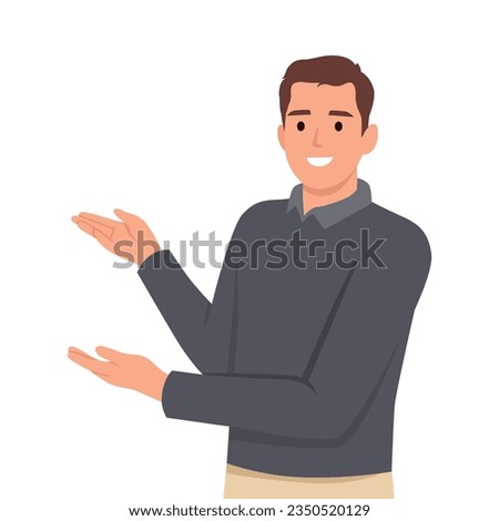 Happy man points to something. Character for advertisement. Guy shows a direction with a hand. Flat vector illustration isolated on white background