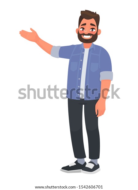 Happy Man Points Something Character Advertisement Stock Vector Royalty Free 1542606701