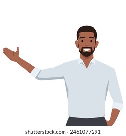 Happy man points to something. Flat vector illustration isolated on white background