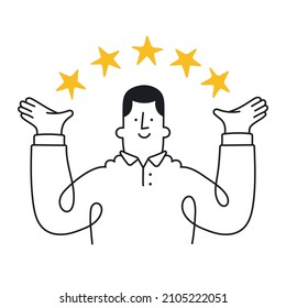 Happy man points to the stars. Concept of good customer review rating and client feedback. Outline, linear, thin line, doodle art. Simple style with editable stroke.