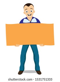 Happy man with a poster in his hands on a white background.