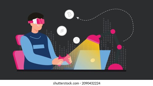 Happy man power from gaming with cryptocurrency, gameplay to earn, NFT, Metaverse, digital world, modern vector illustration. stay home at night 