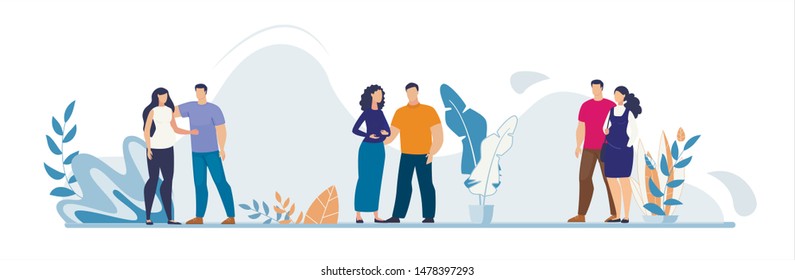 Happy Man and Pregnant Woman Wait for Childbirth. Married Couple Cartoon People Characters Standing Together. Pregnancy, Care and Love. Family Addition. Future Parents. Vector Natural Illustration