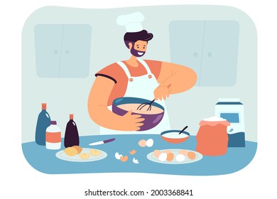 Happy man preparing pastries flat vector illustration. Cook in apron and cap mixing flour and eggs, making dough in bowl, preparing dessert in kitchen. Food, pastry, baking, cooking concept