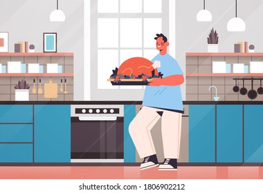 happy man preparing turkey at home cooking concept modern kitchen interior horizontal full length vector illustration