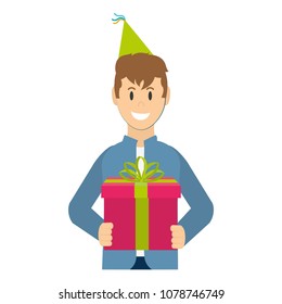 happy man with present gift and party hat