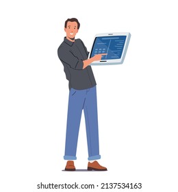 Happy Man Presentation, Promoter Pointing with Finger on Digital Device Screen, Cheerful Male Character Recommending New App, Service or Website, Full Body Length. Cartoon People Vector Illustration