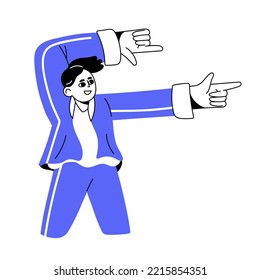 Hombre feliz presentando, anunciando con gesto de mano, mostrando el olor con los brazos. Personaje sonriente excitado apuntando con dedos a los lados. Ilustración vectorial plana de arte lineal aislada en fondo blanco
