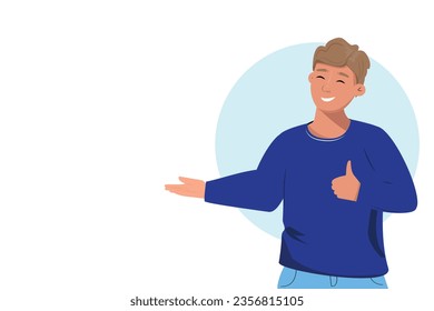 Happy man presenting. Template illustration in flat cartoon style.