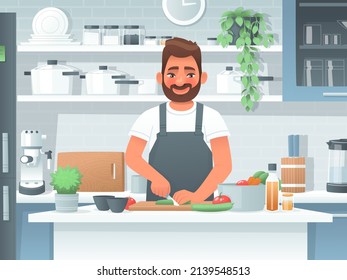 Hombre feliz en el proceso de preparar un plato. Cocinar como rutina o pasatiempo. El cocinero está en la cocina. Ilustración vectorial en estilo de caricatura