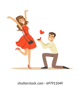 Happy man proposing marriage to beautiful woman kneeling colorful characters vector Illustration