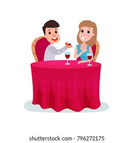 Happy man proposing marriage to beautiful woman with diamond ring while sitting at the table and having dinner cartoon vector Illustration