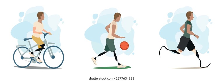 A happy man with prosthetic legs leads an active lifestyle, playing basketball, cycling and running. Set vector illustration of a disabled man goes in for sports.