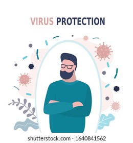 Happy man is protected from viruses and diseases. Good immunity, vaccination and a healthy lifestyle. Handsome male character in trendy style. Vector illustration