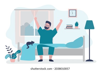 Happy man pulls himself up after waking up. Male character sits on bed with cat and stretching arms. Beginning good day. Guy waking up in morning. Bedroom interior design. Flat vector illustration