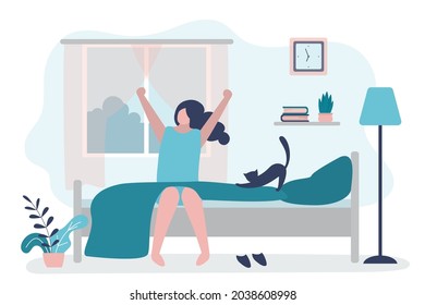 Happy man pulls himself up after waking up. Male character sits on bed with cat and stretching arms. Beginning good day. Guy waking up in morning. Bedroom interior design. Flat vector illustration