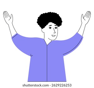 Happy man in purple top raising both hands upward.