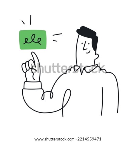 Happy man pushing button. Outline, linear, thin line, doodle art. Simple style with editable stroke. Foto stock © 